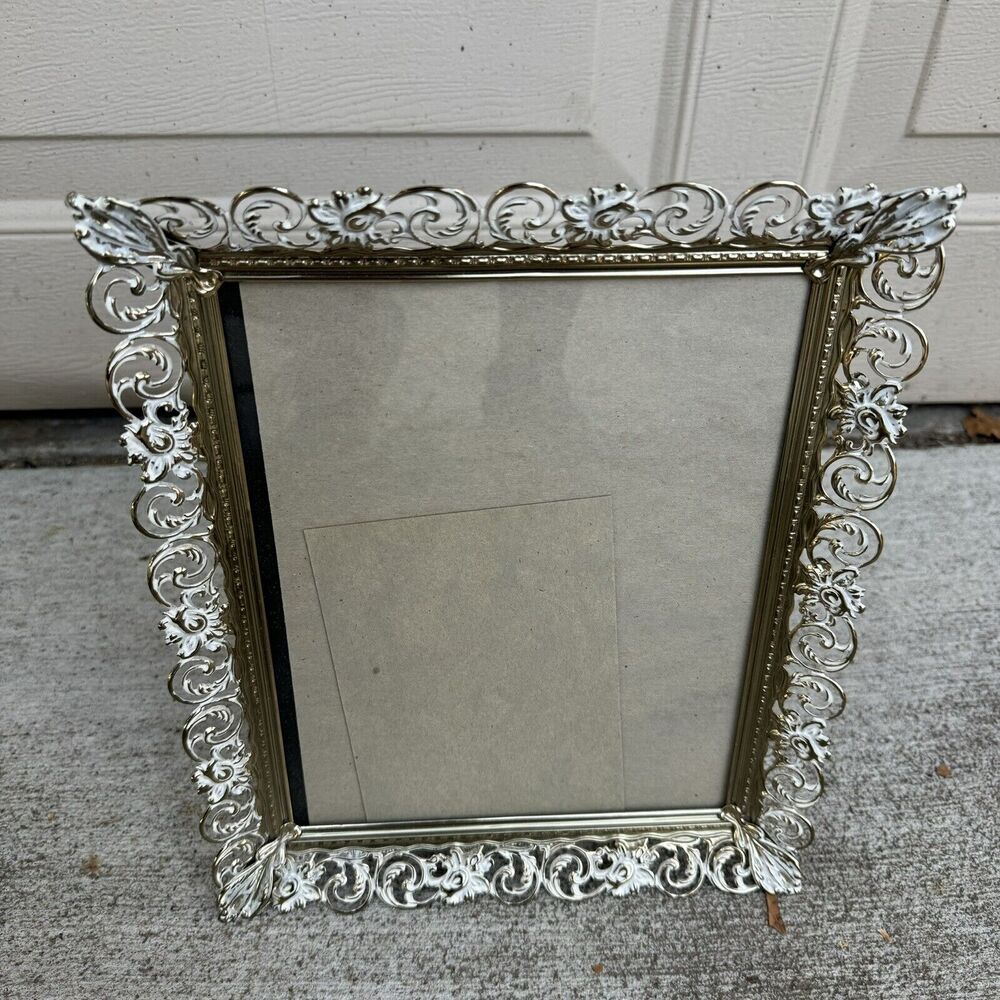VTG Filigree Picture Photo Frame 8x10 Inch Brass Gold Metal Ornate Standing READ